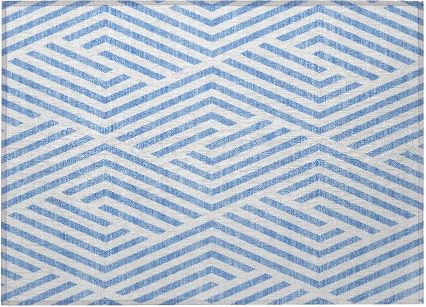 Blue and Ivory Geometric Washable Non Skid Indoor Outdoor Area Rug Photo 5
