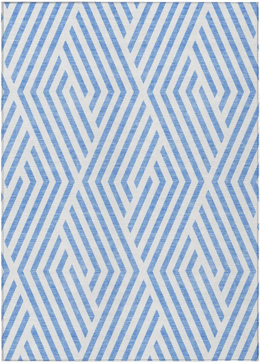 Blue and Ivory Geometric Washable Non Skid Indoor Outdoor Area Rug Photo 2