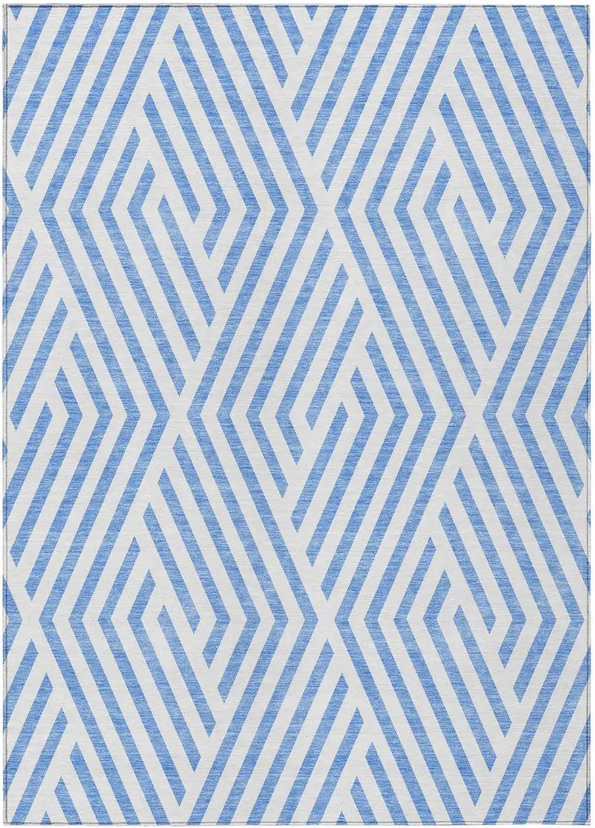 Blue and Ivory Geometric Washable Non Skid Indoor Outdoor Area Rug Photo 2