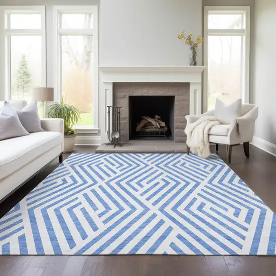 Blue And Ivory Geometric Washable Indoor Outdoor Area Rug Photo 9
