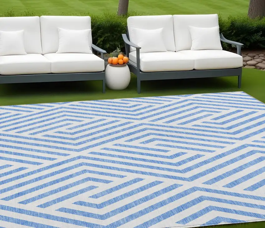 Blue and Ivory Geometric Washable Non Skid Indoor Outdoor Area Rug Photo 1
