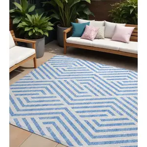 Photo of Blue and Ivory Geometric Washable Non Skid Indoor Outdoor Area Rug