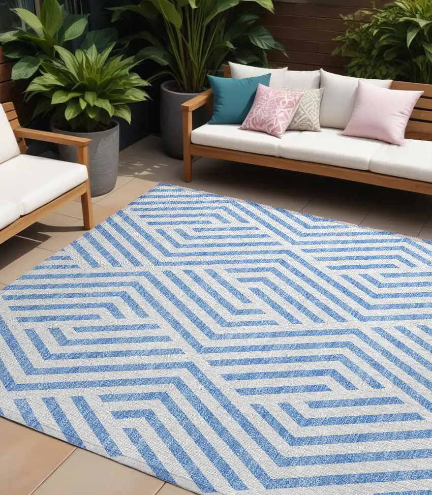 Blue and Ivory Geometric Washable Non Skid Indoor Outdoor Area Rug Photo 1