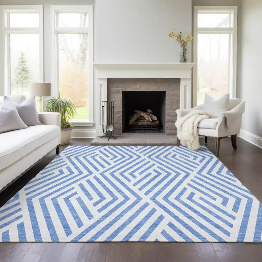 Blue And Ivory Geometric Washable Indoor Outdoor Area Rug Photo 9
