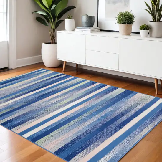 Blue And White Striped Distressed Area Rug Photo 2