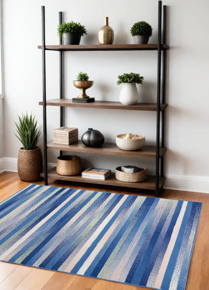 Blue And White Striped Dhurrie Area Rug Photo 1