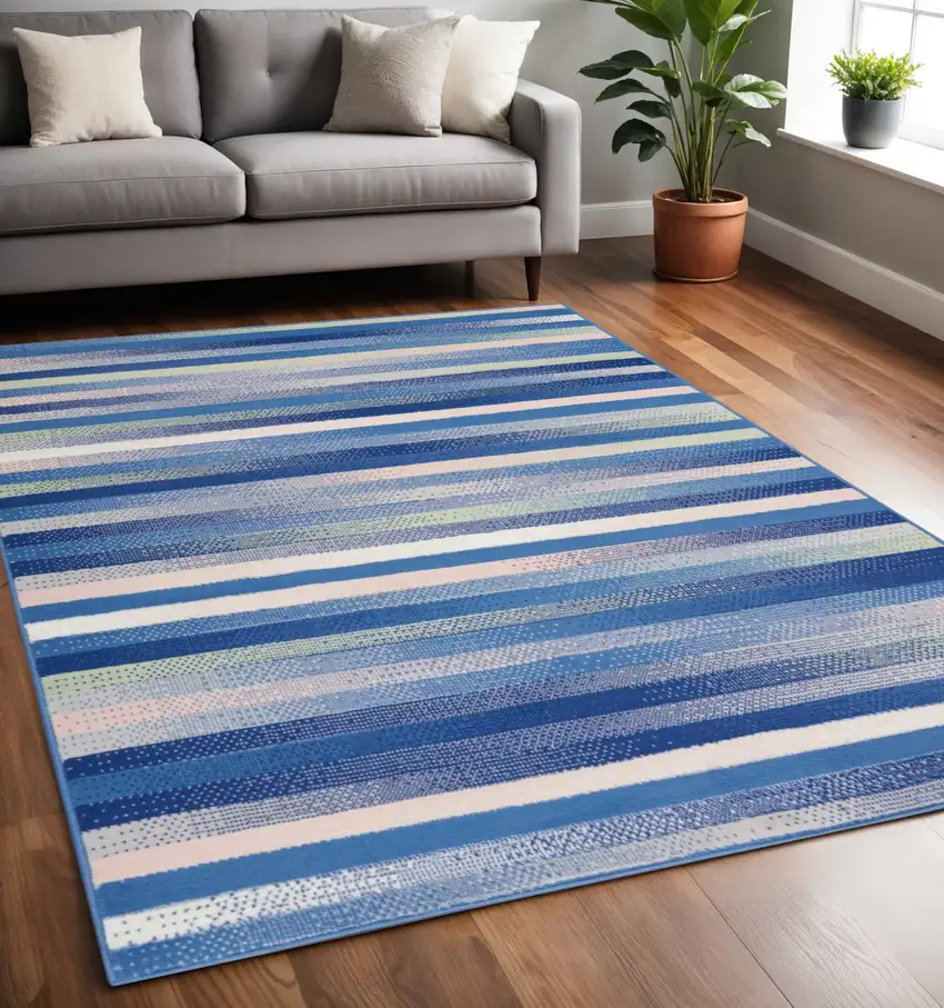Blue And White Striped Distressed Area Rug Photo 2