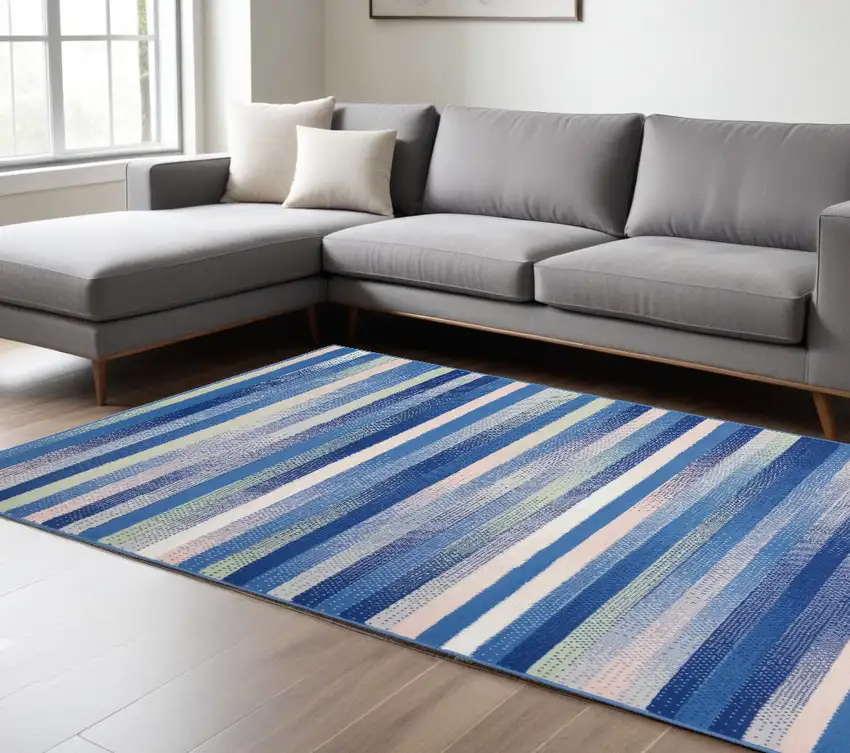 Blue And White Striped Dhurrie Area Rug Photo 1