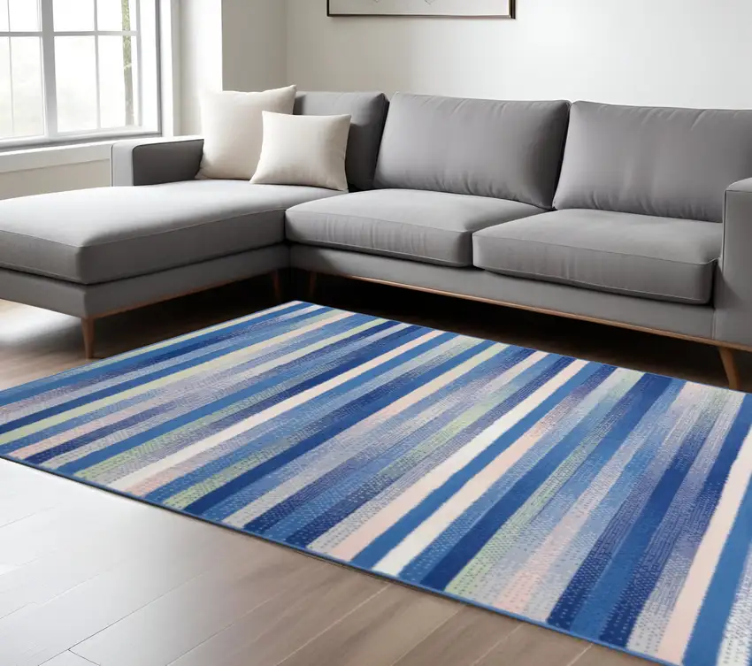 Blue And White Striped Distressed Area Rug Photo 1
