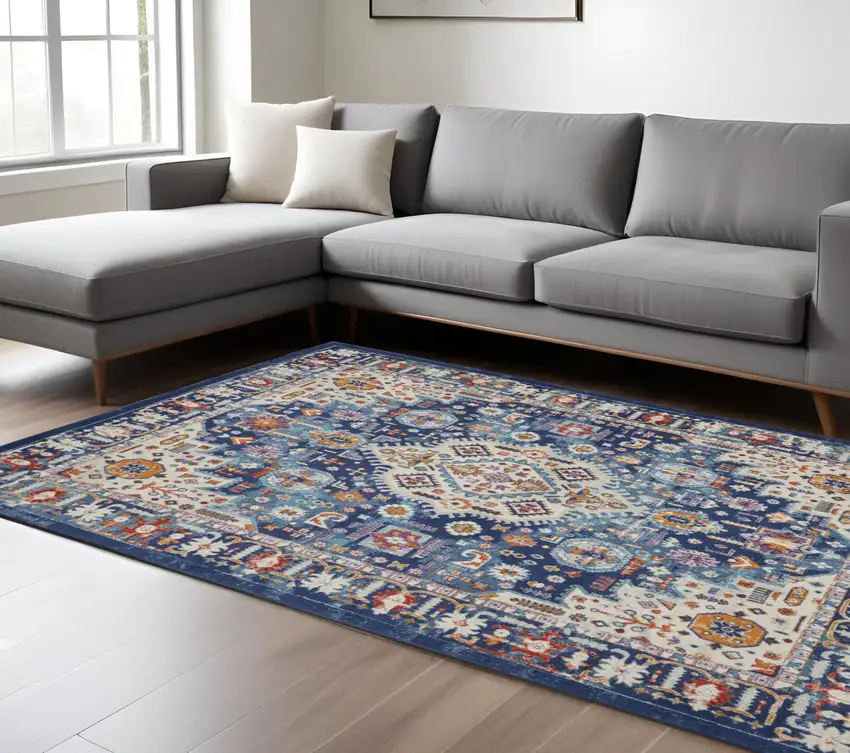 Blue And Ivory Medallion Area Rug Photo 1