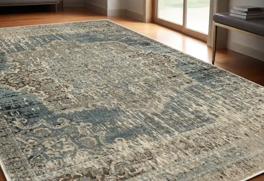 Blue And Ivory Medallion Area Rug Photo 1