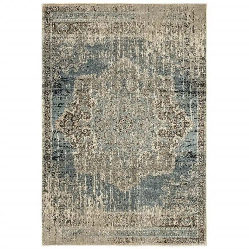 Blue and Ivory Medallion Area Rug Photo 4
