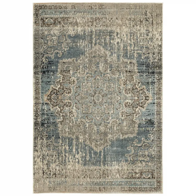 Blue and Ivory Medallion Area Rug Photo 4