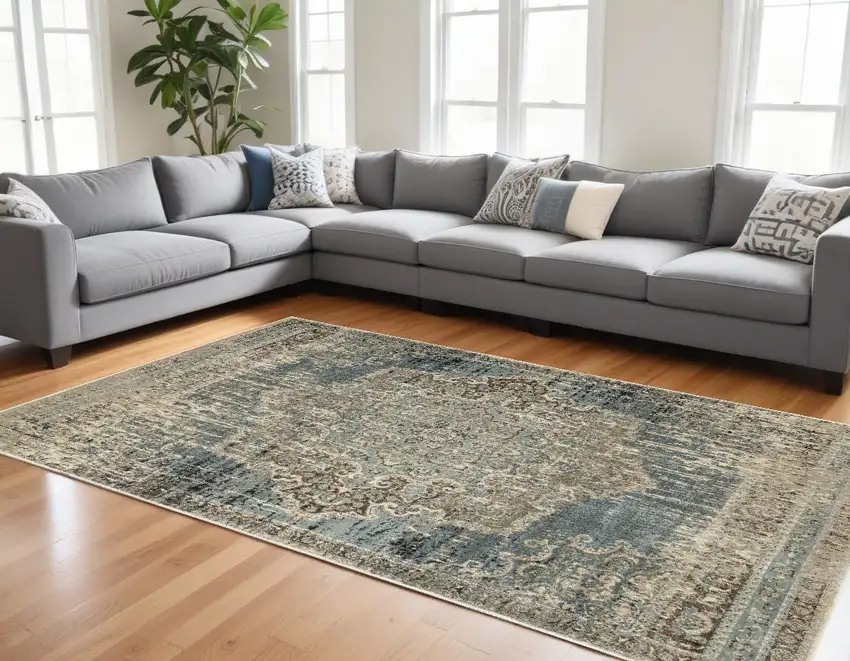 Blue And Ivory Medallion Area Rug Photo 1