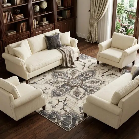 Ivory Gray And Brown Floral Medallion Area Rug Photo 1