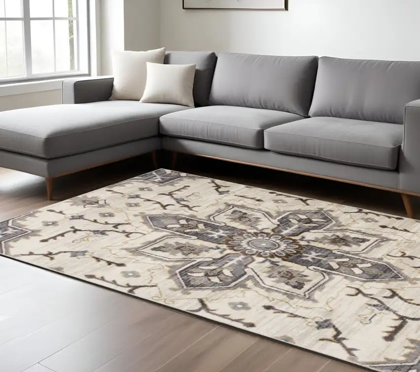 Ivory Gray and Black Floral Medallion Power Loom Area Rug Photo 1