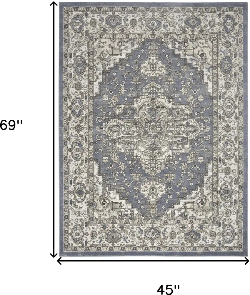 Blue and Ivory Medallion Power Loom Distressed Area Rug Photo 3