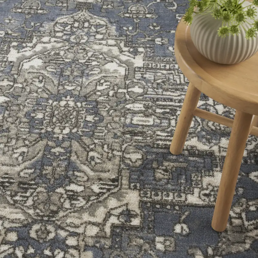 Blue and Ivory Medallion Power Loom Distressed Area Rug Photo 9