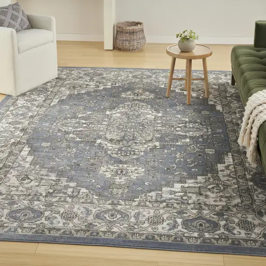 Blue and Ivory Medallion Power Loom Distressed Area Rug Photo 4