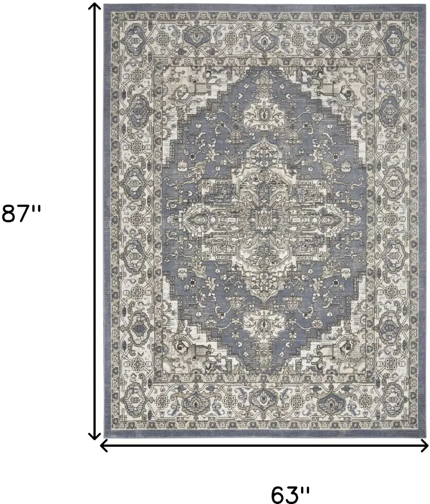 Blue and Ivory Medallion Power Loom Distressed Area Rug Photo 3