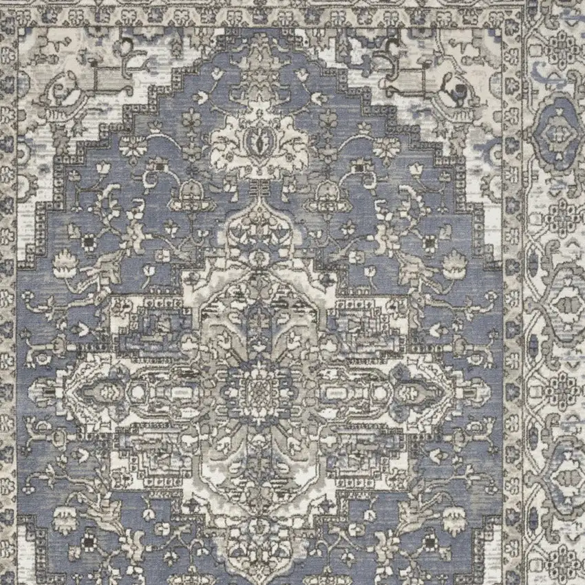 Blue and Ivory Medallion Power Loom Distressed Area Rug Photo 7