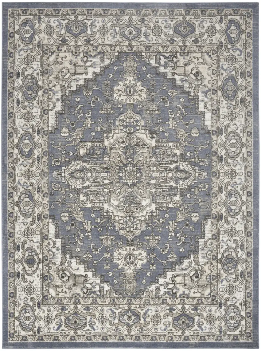Blue and Ivory Medallion Power Loom Distressed Area Rug Photo 2