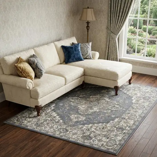Blue and Ivory Medallion Power Loom Distressed Area Rug Photo 1