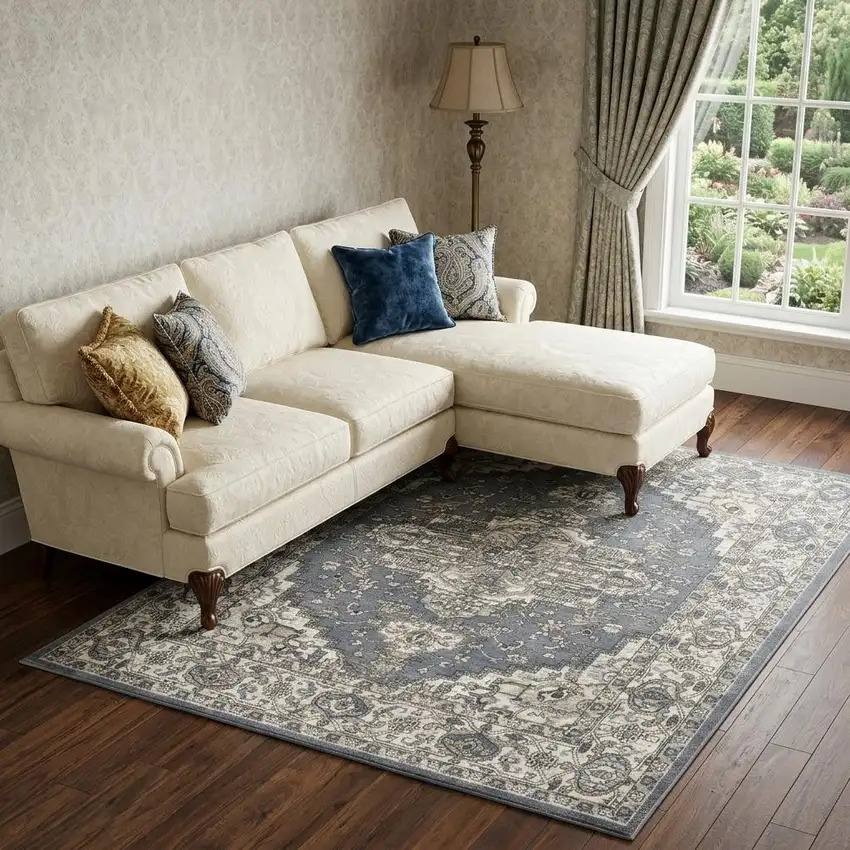 Blue and Ivory Medallion Power Loom Distressed Area Rug Photo 1