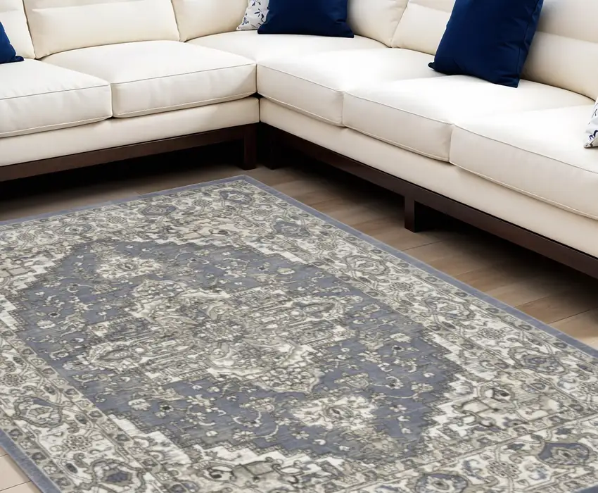 Blue and Ivory Medallion Power Loom Distressed Area Rug Photo 1