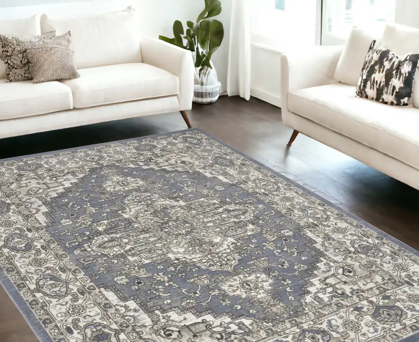 Blue and Ivory Medallion Power Loom Distressed Area Rug Photo 4