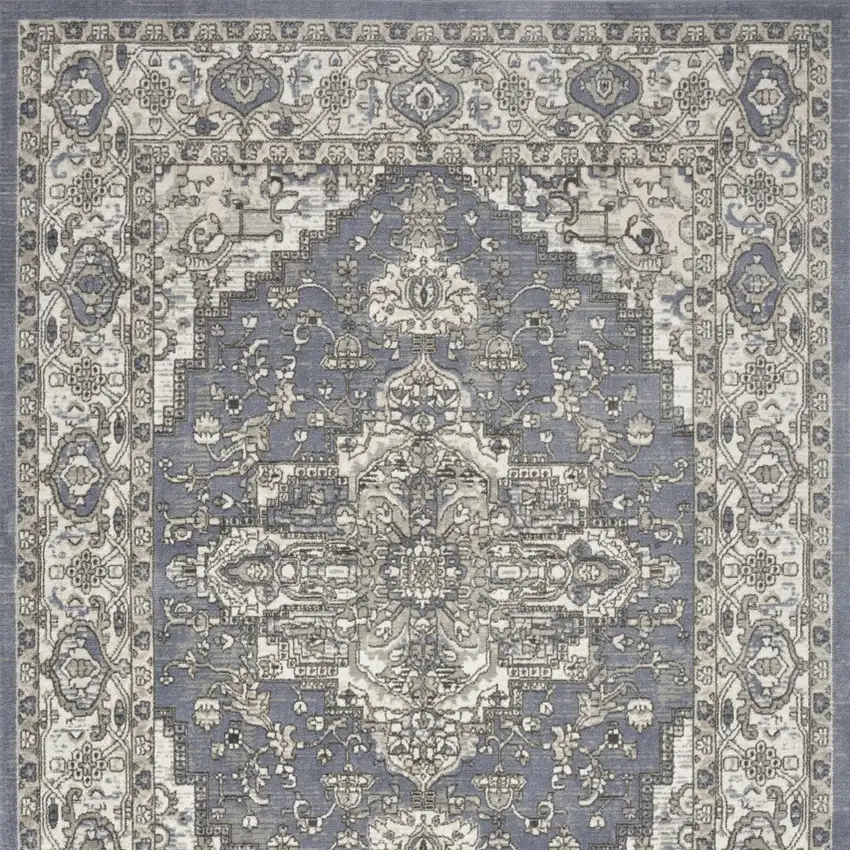 Blue and Ivory Medallion Power Loom Distressed Area Rug Photo 9
