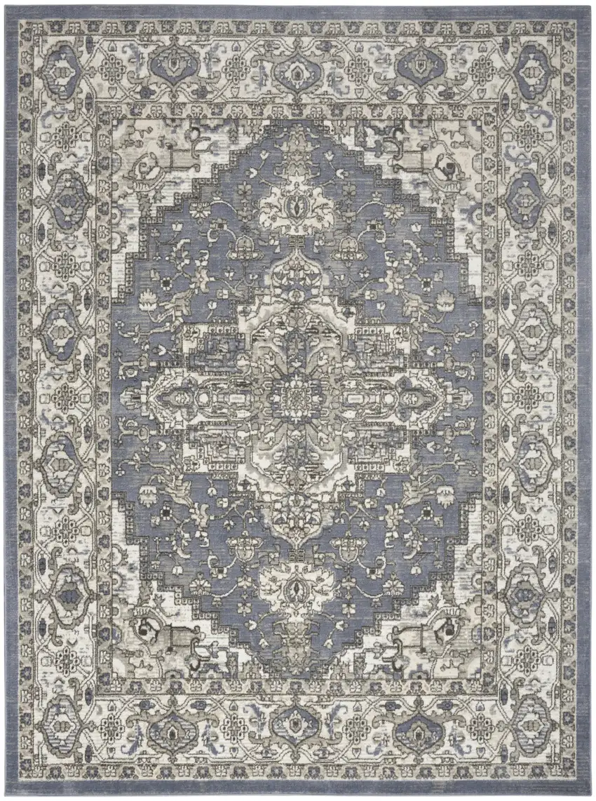 Blue and Ivory Medallion Power Loom Distressed Area Rug Photo 2