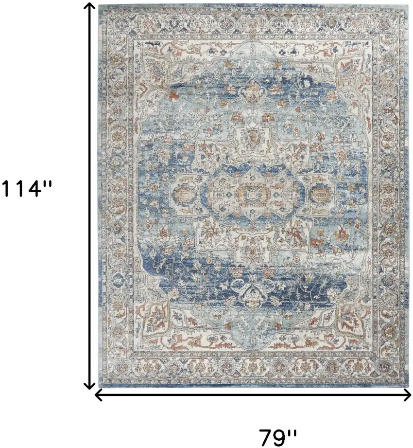 Blue and Ivory Medallion Power Loom Distressed Area Rug Photo 3