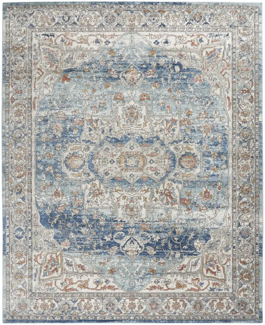 Blue and Ivory Medallion Power Loom Distressed Area Rug Photo 2