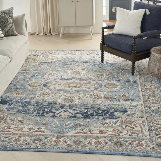 Blue and Ivory Medallion Power Loom Distressed Area Rug Photo 5