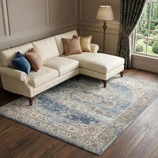 Blue and Ivory Medallion Power Loom Distressed Area Rug Photo 1