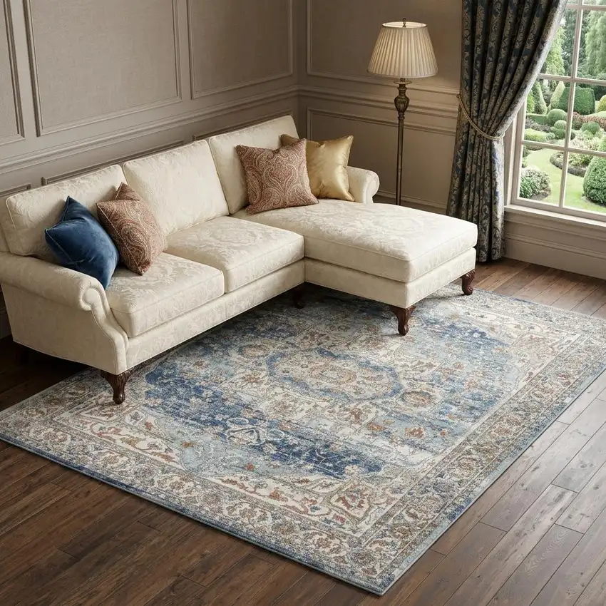 Blue and Ivory Medallion Power Loom Distressed Area Rug Photo 1