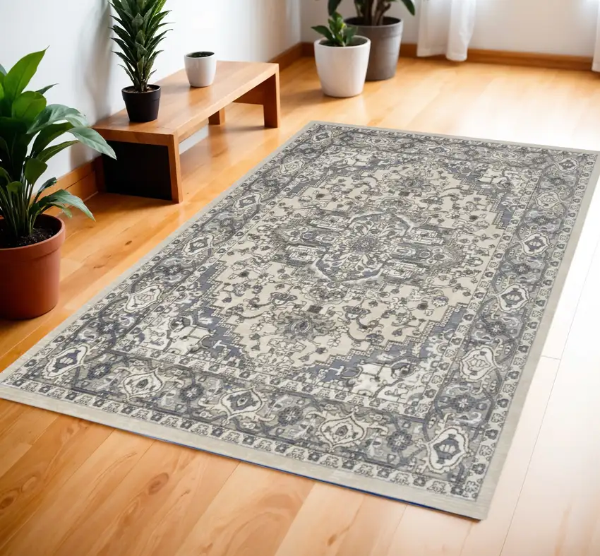Blue and Ivory Medallion Power Loom Distressed Area Rug Photo 1