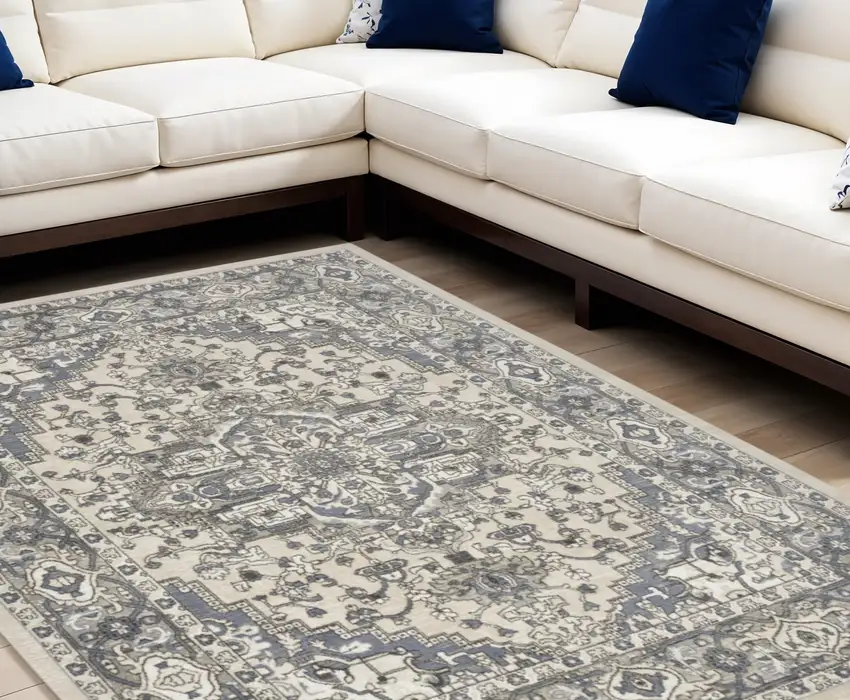 Blue and Ivory Medallion Power Loom Distressed Area Rug Photo 1