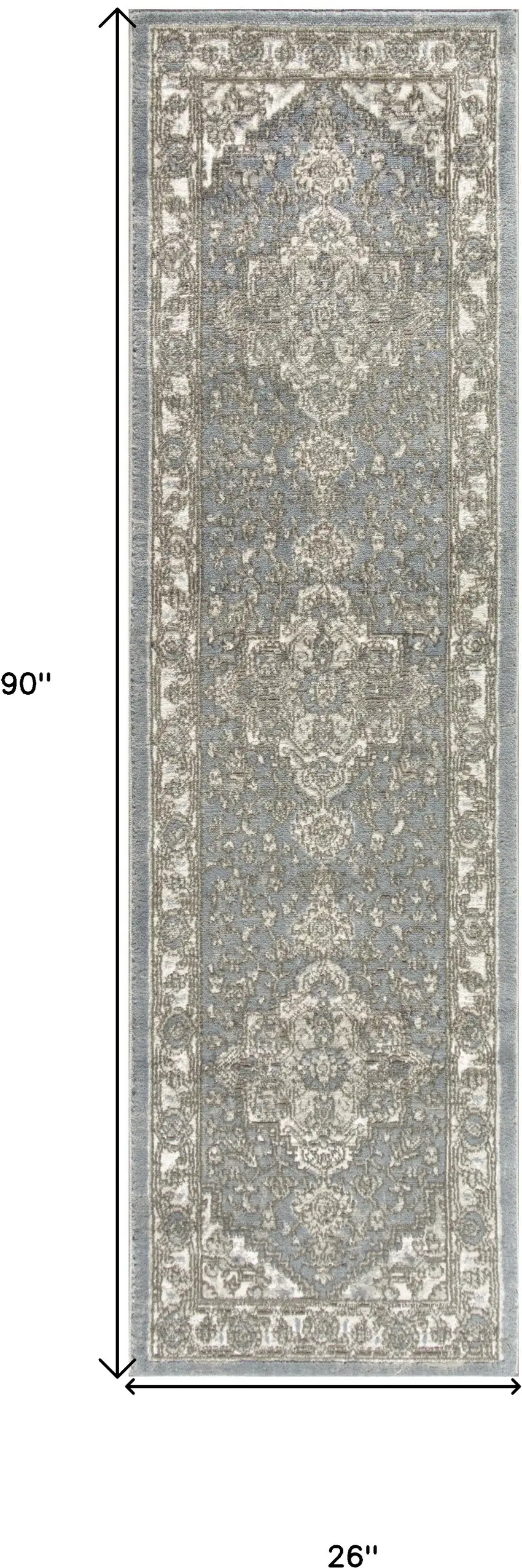 Blue and Ivory Medallion Power Loom Distressed Runner Rug Photo 3