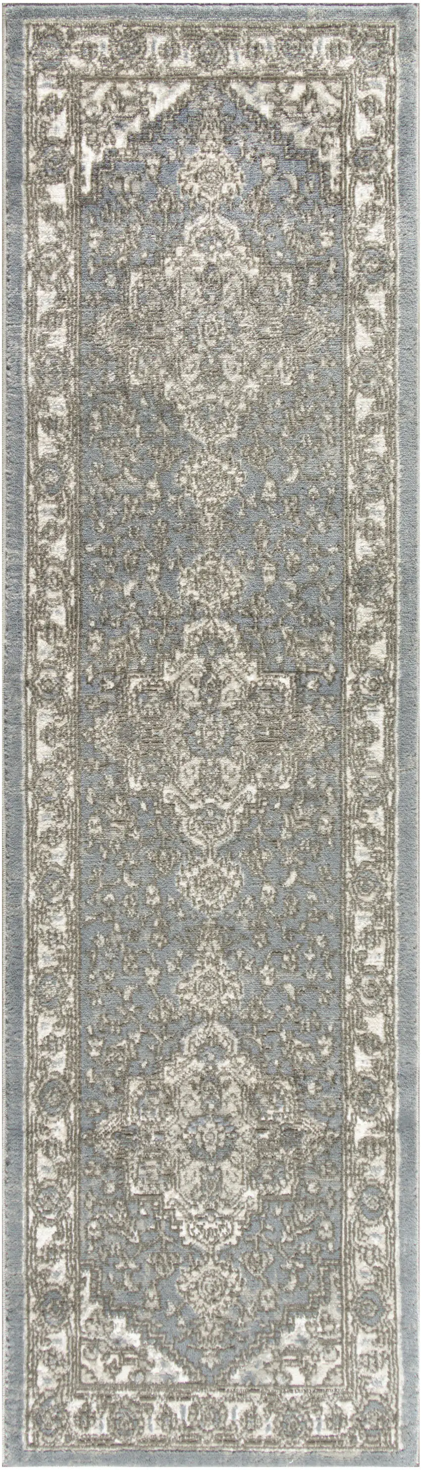 Blue and Ivory Medallion Power Loom Distressed Runner Rug Photo 2