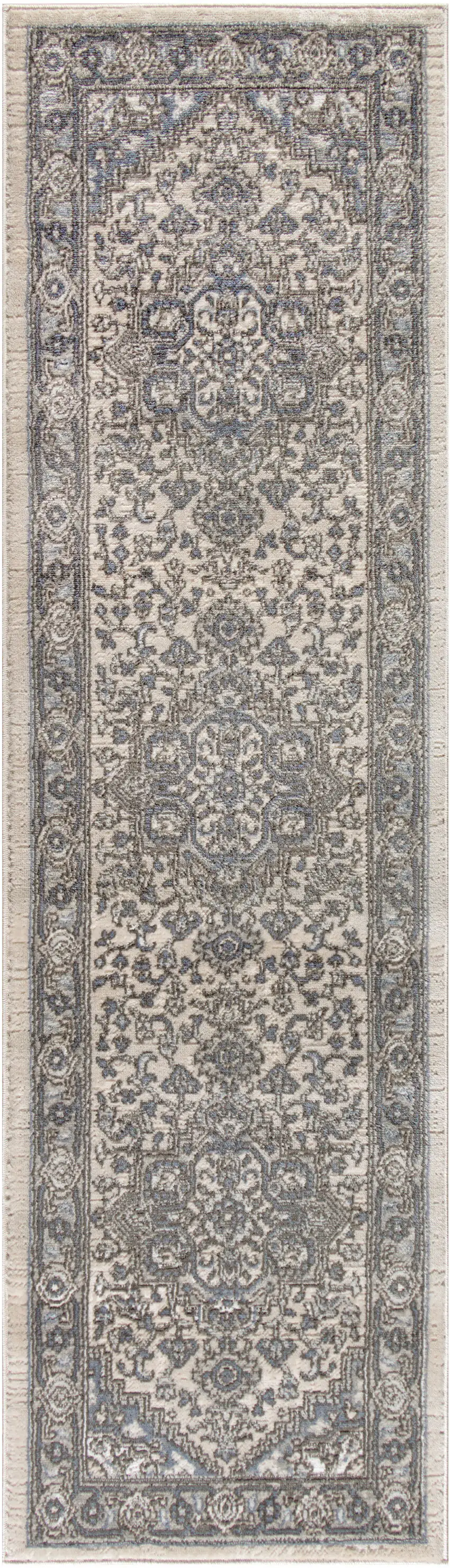 Blue and Ivory Medallion Power Loom Distressed Runner Rug Photo 2