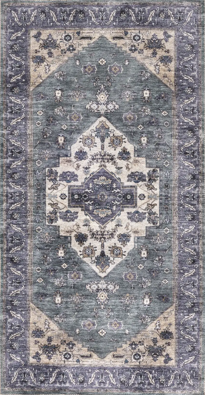 Blue and Ivory Medallion Power Loom Distressed Washable Non Skid Area Rug Photo 2