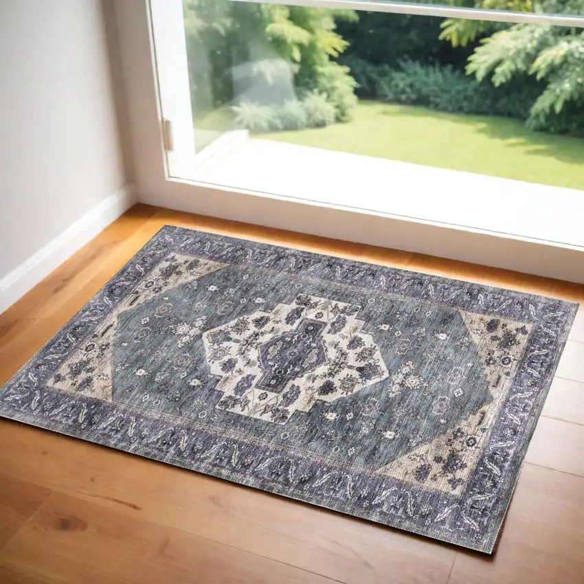 Blue and Ivory Medallion Power Loom Distressed Washable Non Skid Area Rug Photo 1