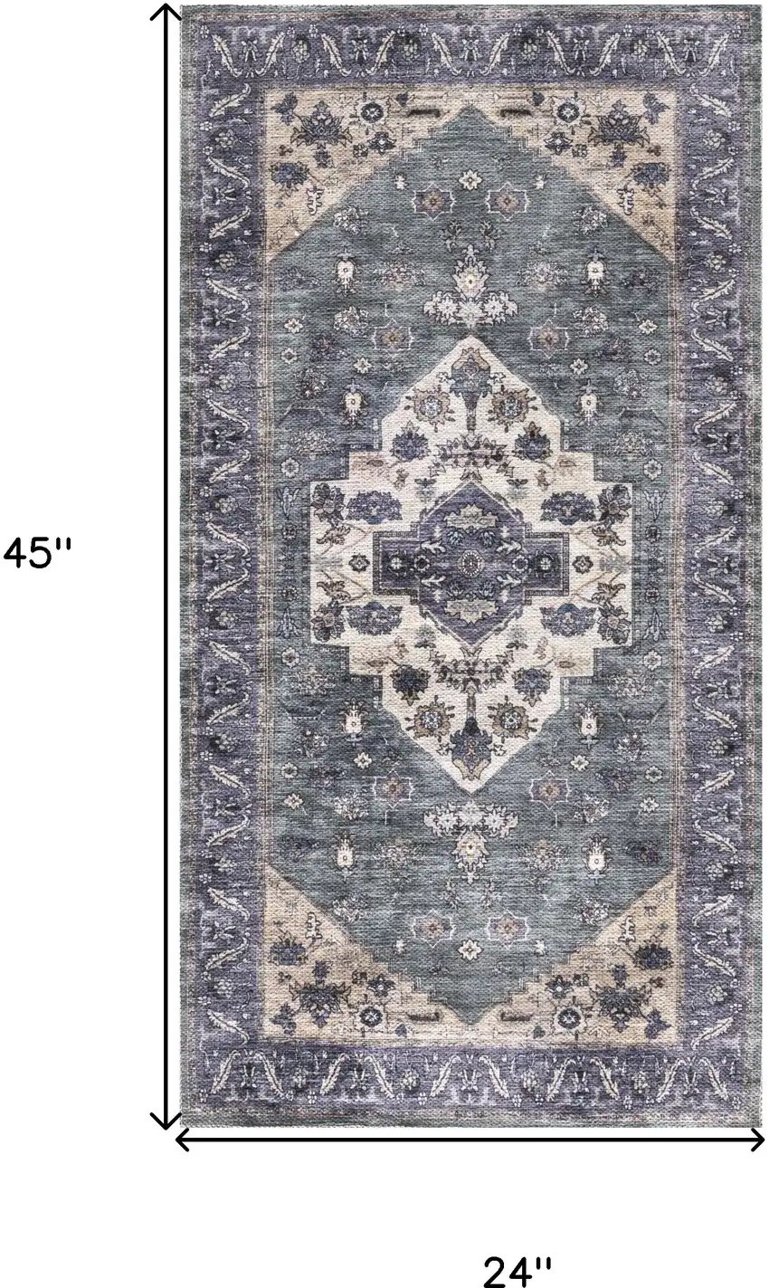 Blue and Ivory Medallion Power Loom Distressed Washable Non Skid Area Rug Photo 3
