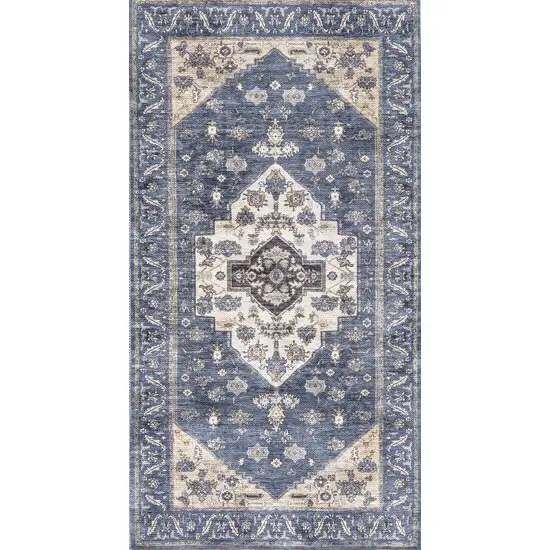 Blue and Ivory Medallion Power Loom Distressed Washable Non Skid Area Rug Photo 8