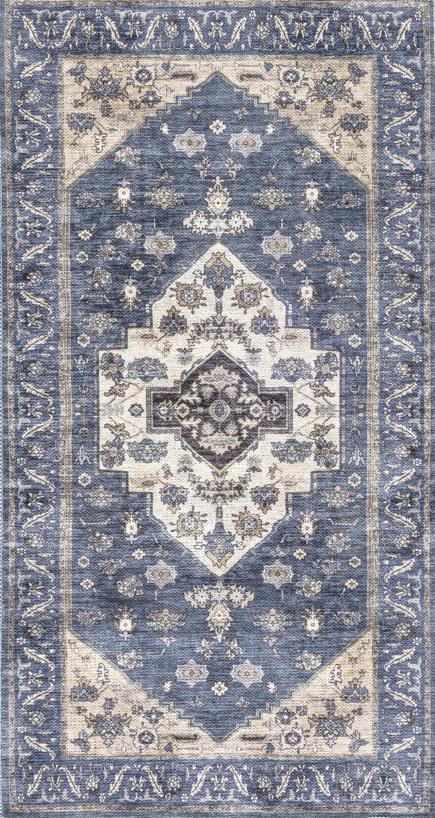 Blue and Ivory Medallion Power Loom Distressed Washable Non Skid Area Rug Photo 8