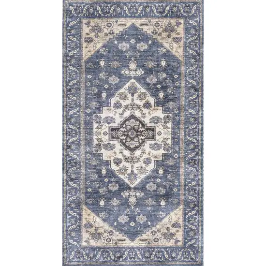 Blue and Ivory Medallion Power Loom Distressed Washable Non Skid Area Rug Photo 2