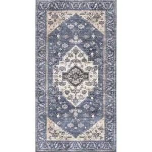 Photo of Blue and Ivory Medallion Power Loom Distressed Washable Non Skid Area Rug