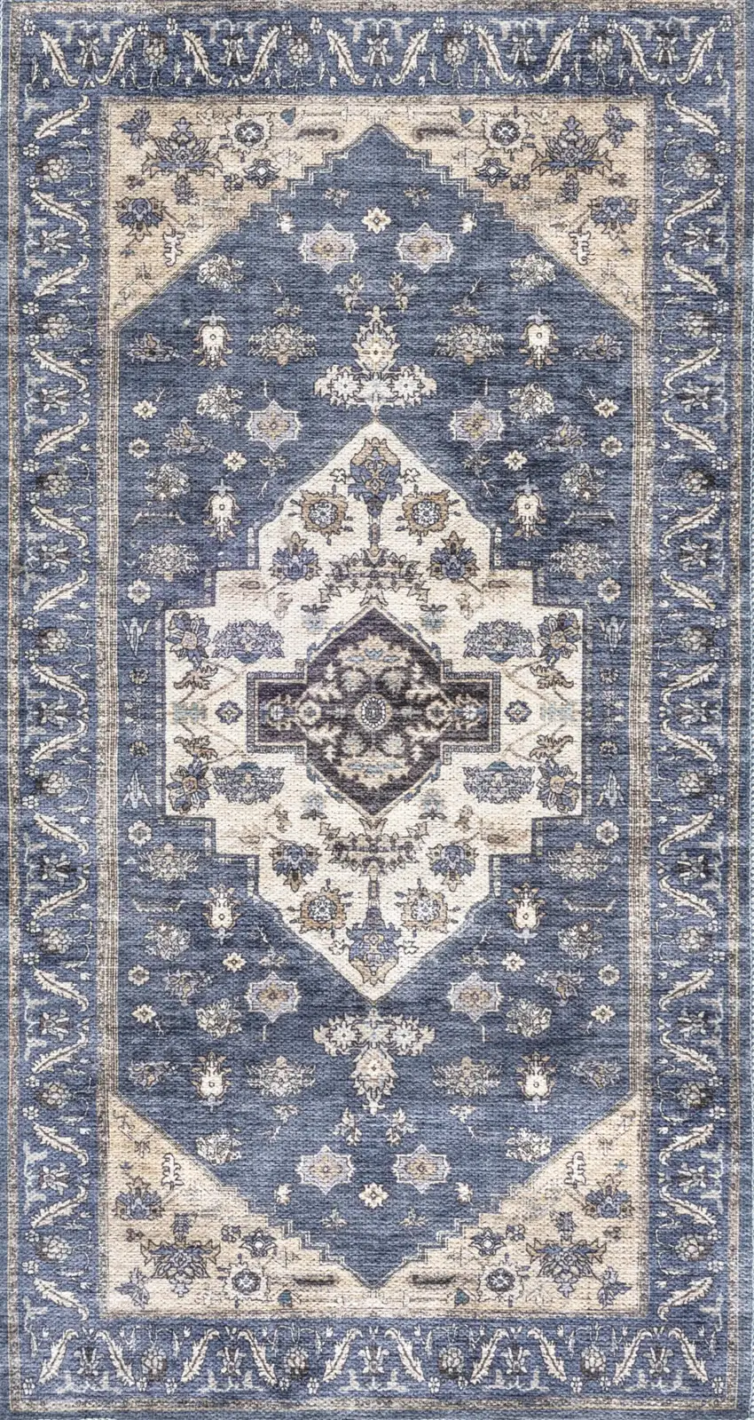 Blue and Ivory Medallion Power Loom Distressed Washable Non Skid Area Rug Photo 2
